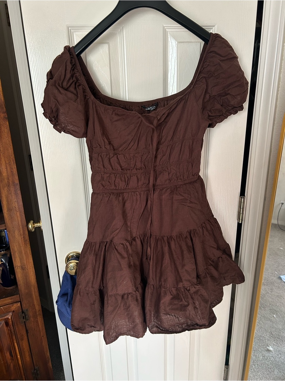 SHEIN Brown Puff Sleeve Tiered Mini Dress